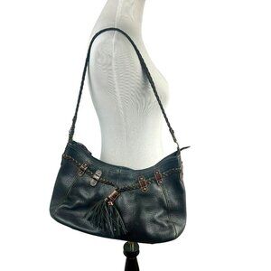 Brighton Leather Woven Tassel Shoulder Bag Black Brown Rectangle Pockets Zipper
